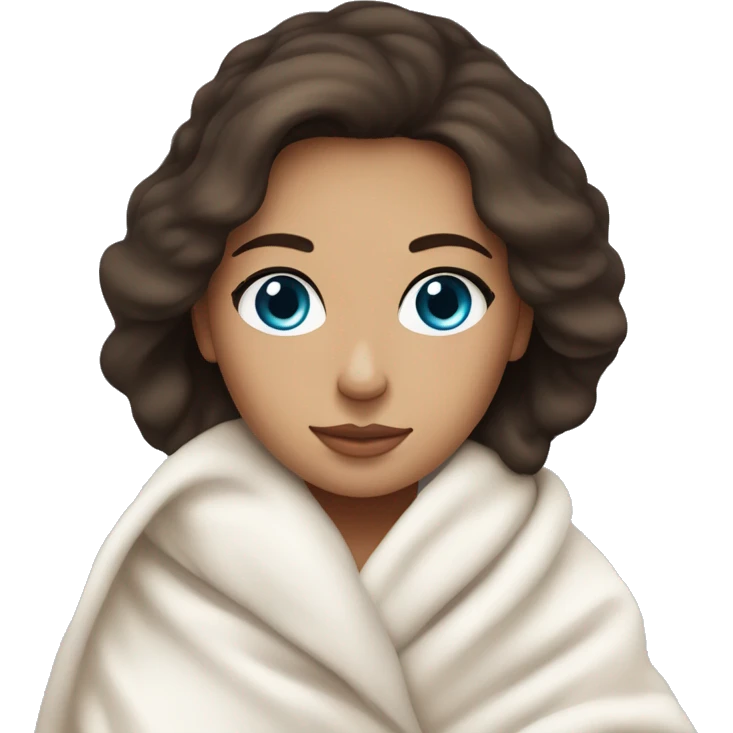 Beautiful brunette with slightly tan skin and blue eyes, wrapped up cozily in a warm white blanket. emoji