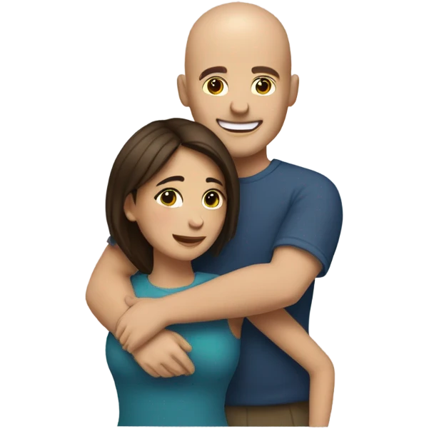 Comforting hug from brunette female to shorter bald male emoji