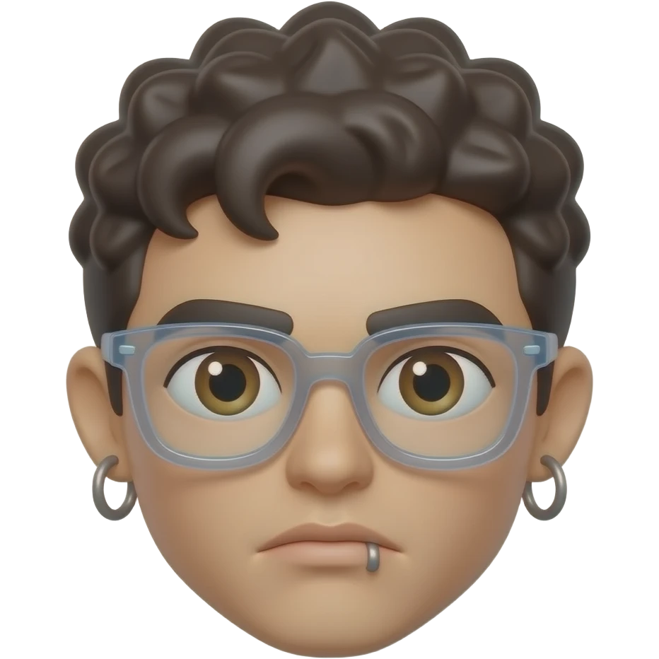 Apple memoji style 3D emoji, short curly dark hair, brown eyes, transparent glasses, hoop earrings, lip piercing, neutral serious expression emoji