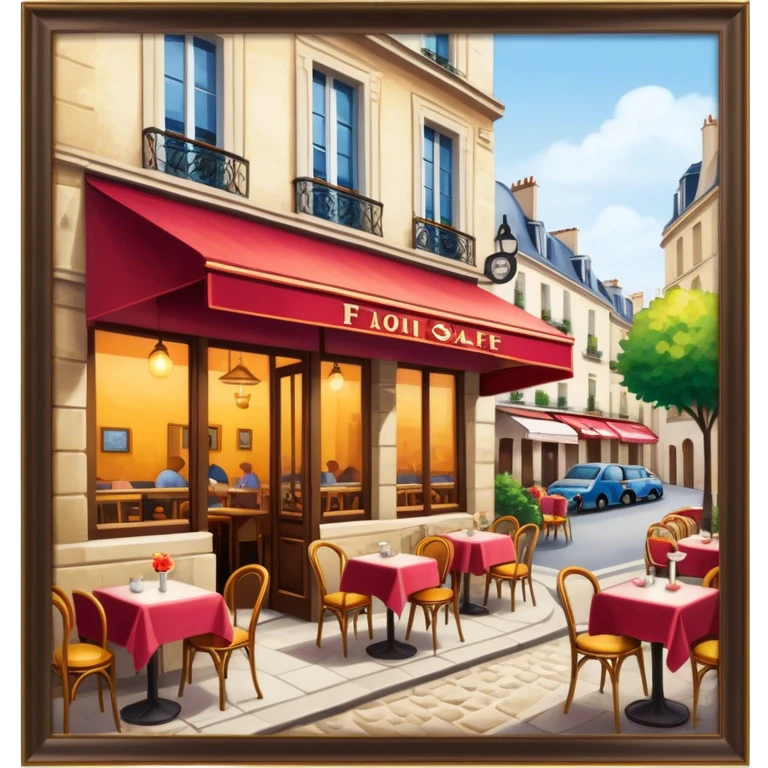 Cinematic Realistic Caf√© Culture Pop Culture Emoji, showcasing a vibrant French caf√© scene rendered with rich textures and warm, inviting lighting. emoji