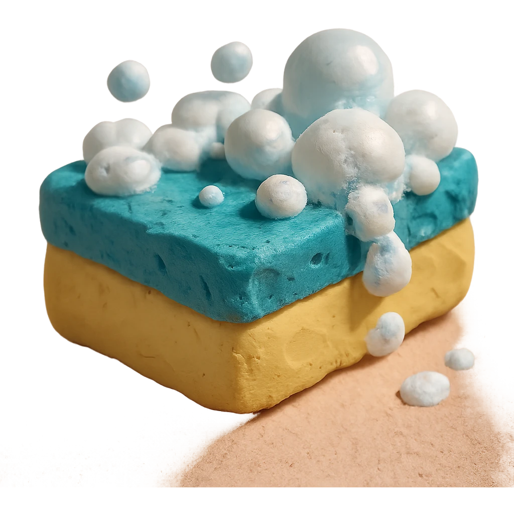 cleaning sponge with soap bubbles, pastel palette, visible clay texture in claymation style emoji