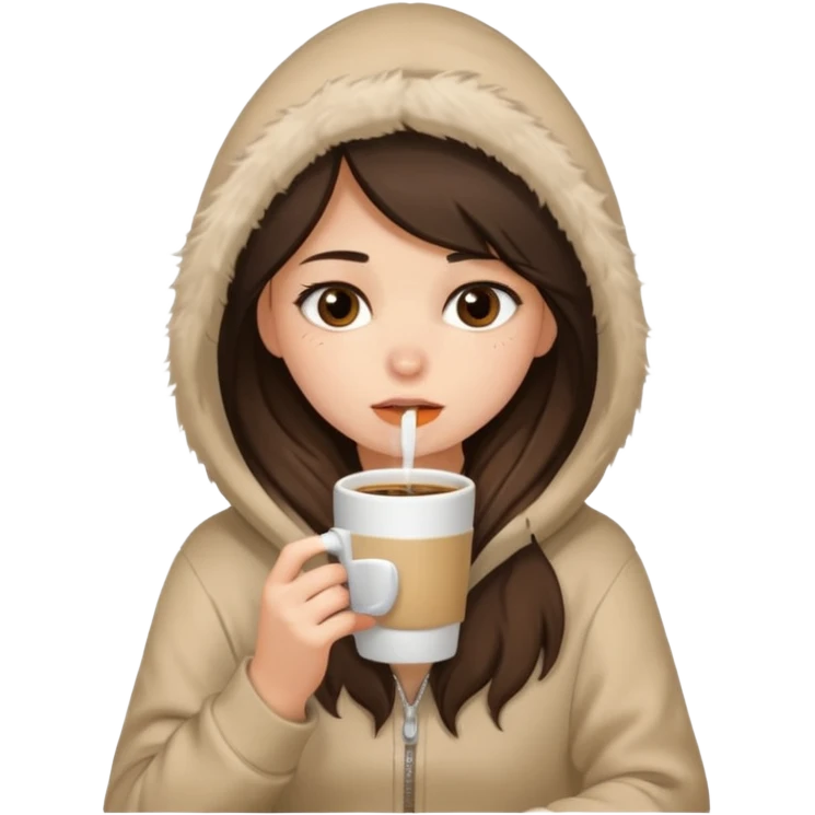 a brunette girl sitting cozily in a beige fur hoodie sipping coffee while crying emoji