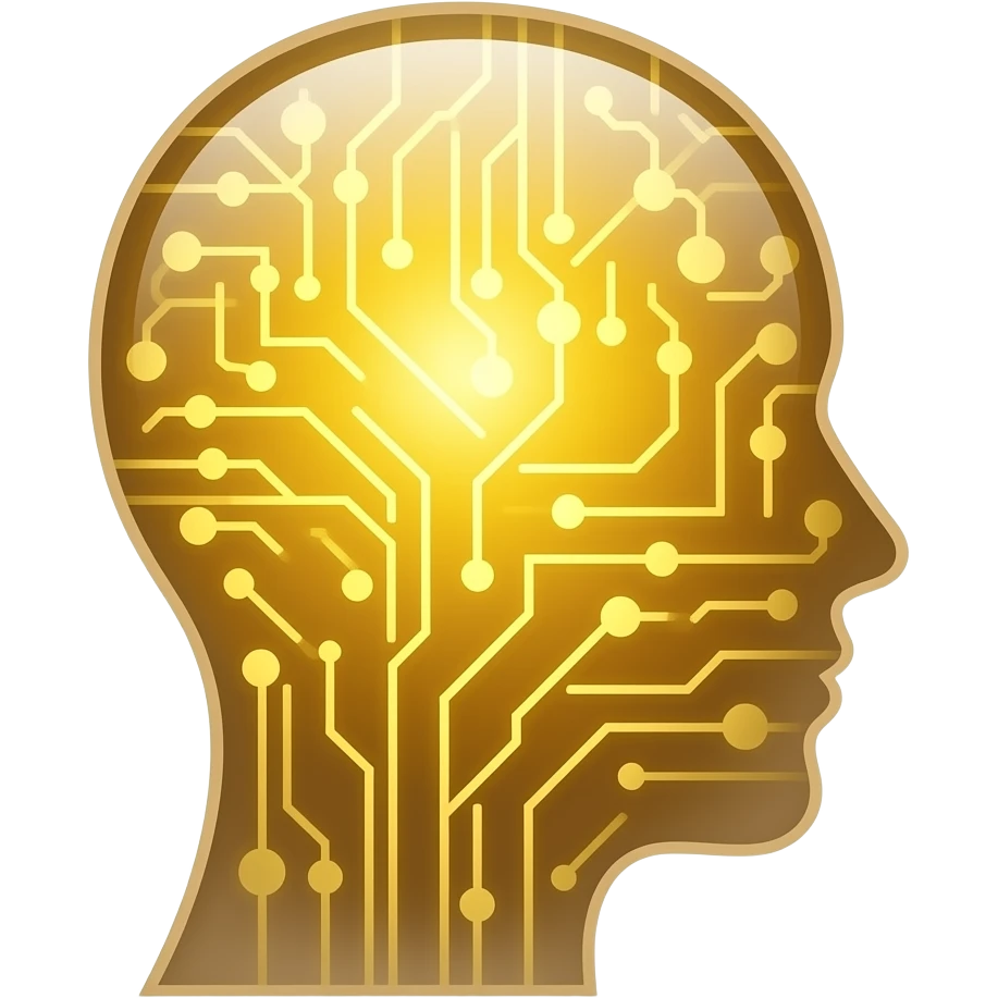 glowing gold human head silhouette with a transparent effect,-filled-with-interconnected-circuit-lines-and-neural-nodes,-symbolizing-artificial-intelligence emoji