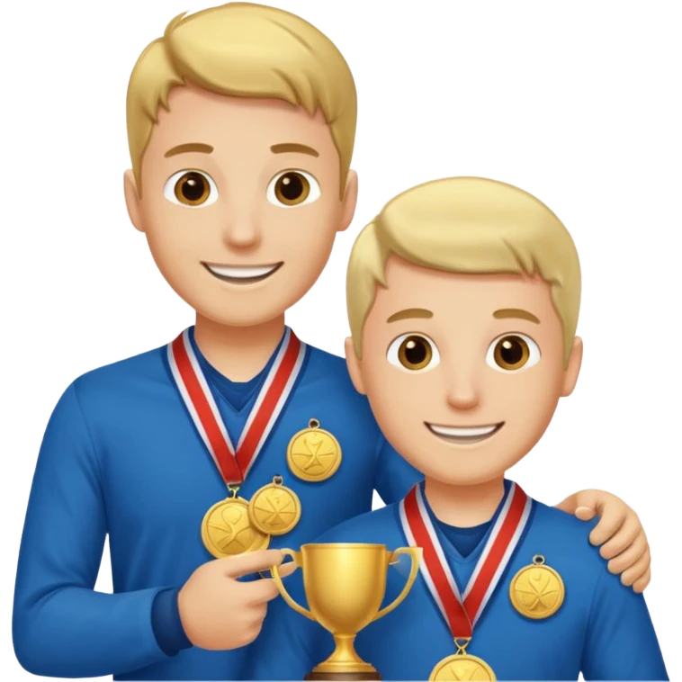 winner ceremony with one guy handing another guy a trophy. One of them having a medal around his neck. the other not emoji
