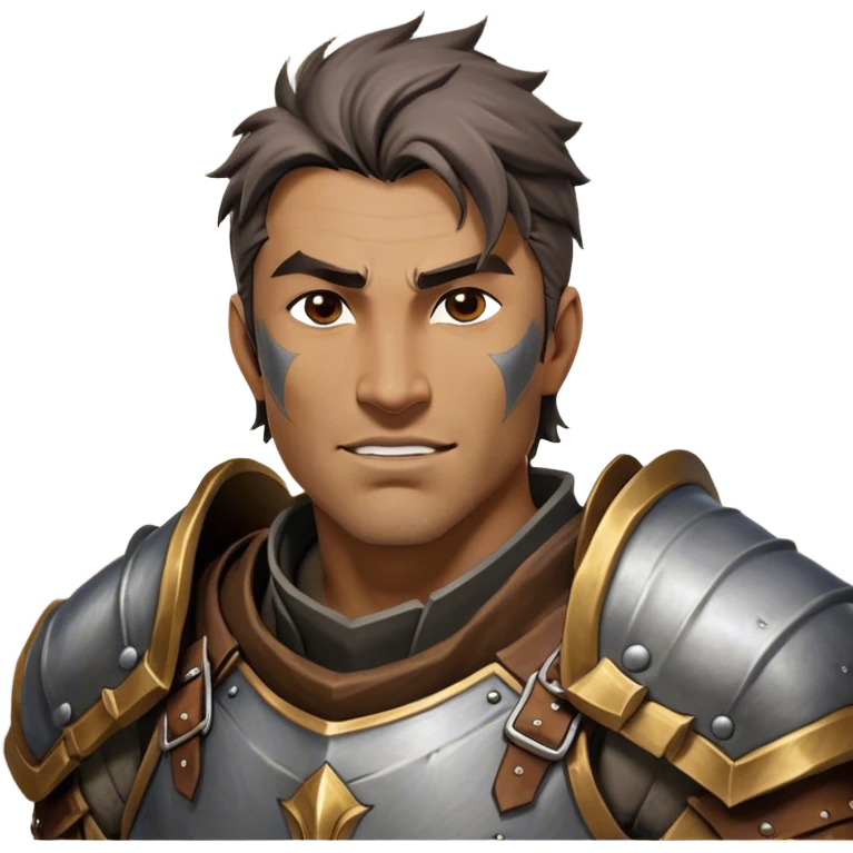 Cinematic Realistic WoW Human Warrior Portrait, head tilted dramatically with an exaggeratedly amused expression, blending rugged heroism with a hint of lighthearted charm. His chiseled face, framed by meticulously rendered steel armor and leather accents in consistent greys and bronzes, is brought to life with dynamic lighting and high shine, dramatic yet whimsical, capturing the essence of a warrior whose epic might is coupled with an approachable, playful demeanor. emoji