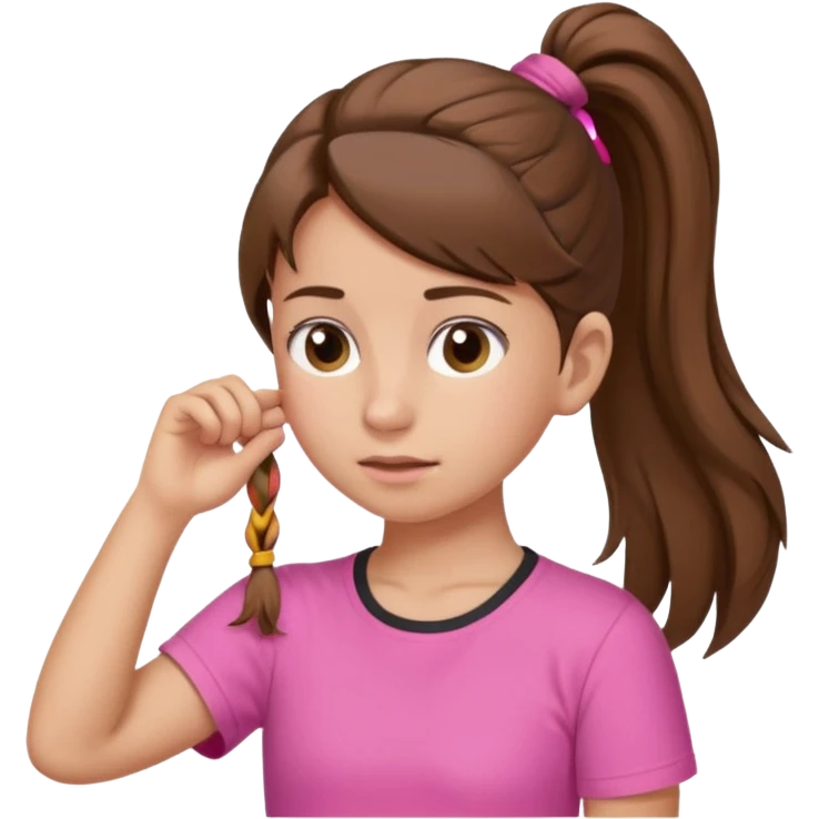 Normal skinned, tiny nosed, brown haired girl with Tying a ponytail emoji