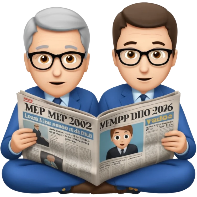 Gérard Larchet et yael braun pivet qui sont assis à genoux et qui lisent un seul et même grand journal et qui semblent émerveillés sur le journal on peut voir marque MEP 2026 au,milieu d’un article  emoji