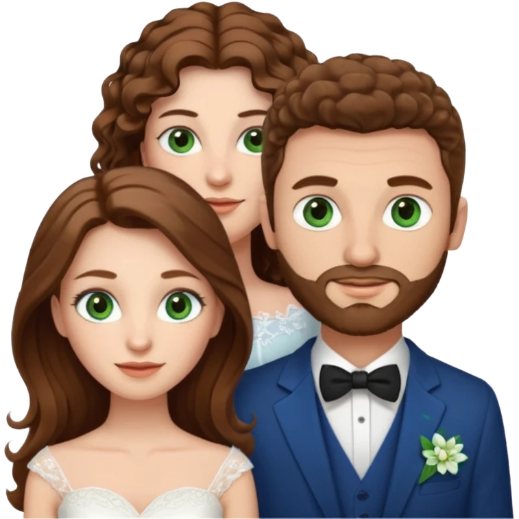 wedding couple, woman has long straight brown hair and green eyes, man has short light brown curly hair and facial hair with blue eyes emoji