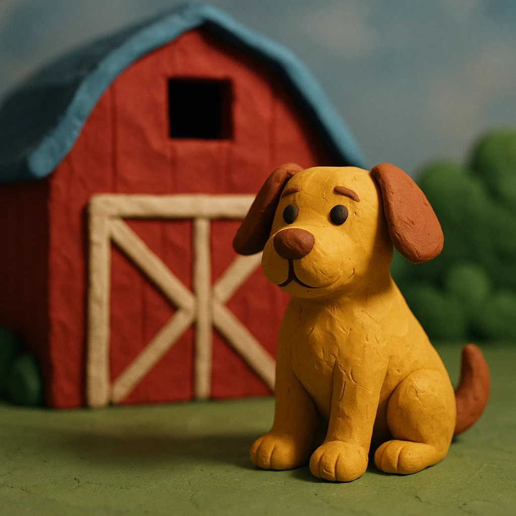barn dog sitting in front of a red barn, visible fingerprints, matte plasticine look, claymation style emoji