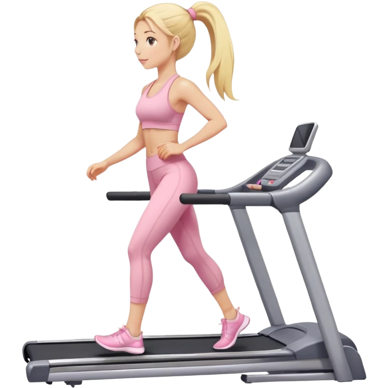 girl with long blonde pony tail walking on treadmill wearing light pink yoga set emoji