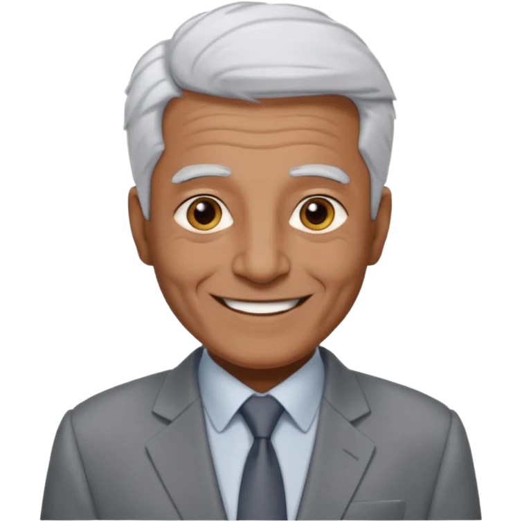70 yr old man, very short spike white hair, pakistani, light grey business suit, big smile, dark skin, no facial hair, less hair
 emoji