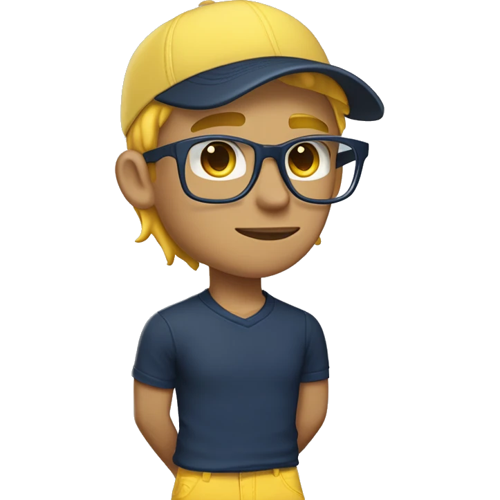 15 year old boy growing yellow hair & yellow eyebrows, wearing polo navy blue t shirt, yellow cap, rayban glasses, light blue pants, black nike gaming shoes, headphones, apple watch & holding iPhone emoji