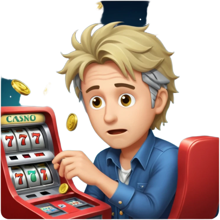 disheveled man losing money at a slot machine, panicked face, coins flying emoji