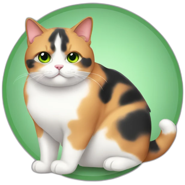 obese calico cat with double chin with green eyes emoji