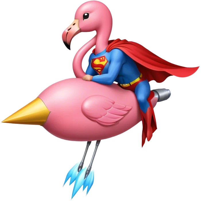 Flamingo with Supermancape sitting on a rocket emoji