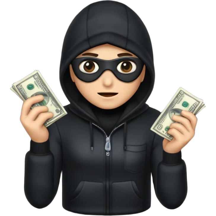 Robber with money na mão direita com uma blusa de frio preta e moreno emoji