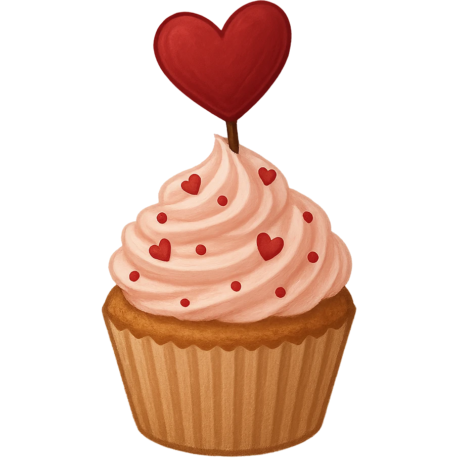love-themed cupcake with heart topper, no background emoji