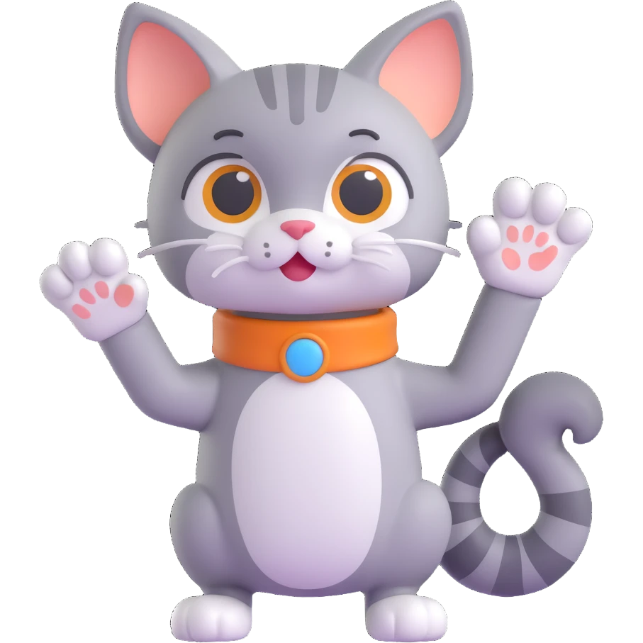 3D cartoon style cat character, grey pepper color, waving paw emoji