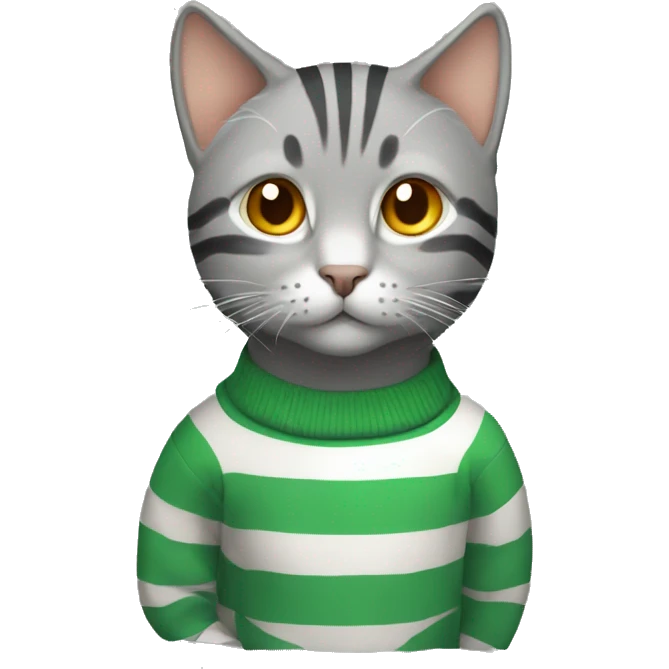A striped grey cat with green eyes with orange sweater in full growth emoji
