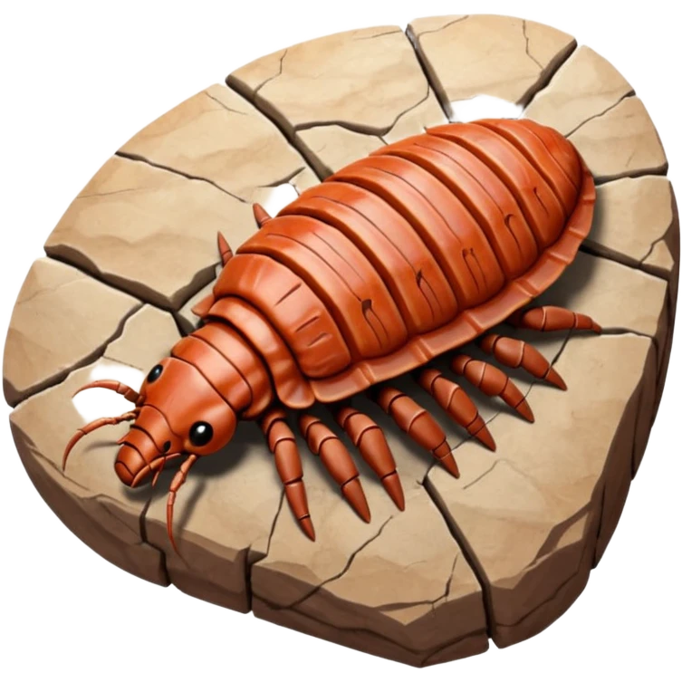 3D render of Trilobite, embedded in a chunk of rough sedimentary rock, cracked stone texture, ancient fossil aesthetic, fossilized in reddish sandstone rock, matte dry finish, Apple emoji style, isolated on white background --v 6.0 emoji