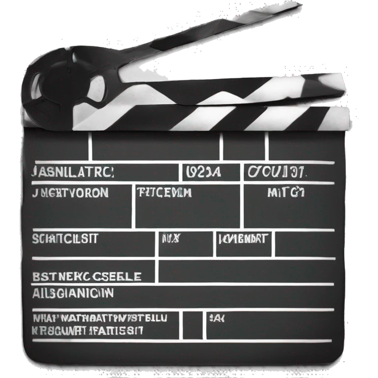 “Create an emoji of a traditional black film clapperboard, commonly used in movies to cut scenes. The clapperboard should feature a black and white striped top and a black base with white lines or text to resemble the classic design.” emoji