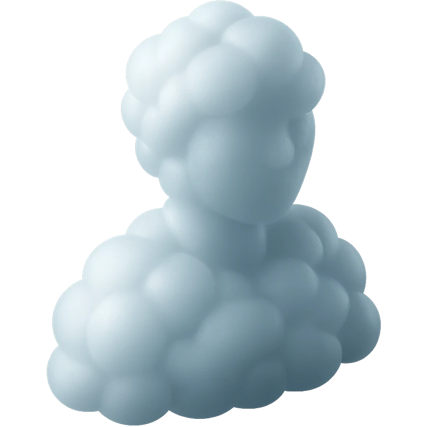 person made entirely of bright, convex clouds, shoulder height, looking straight ahead, matte glass style emoji