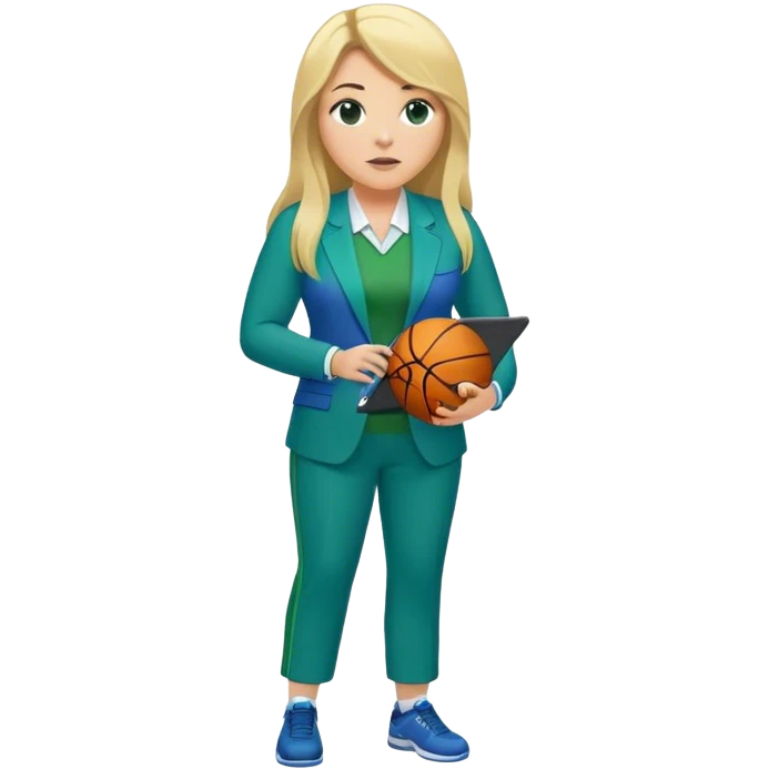 Full Body white plus size female basketball head coach using a clipboard with long blonde hair in a blue and green suit emoji