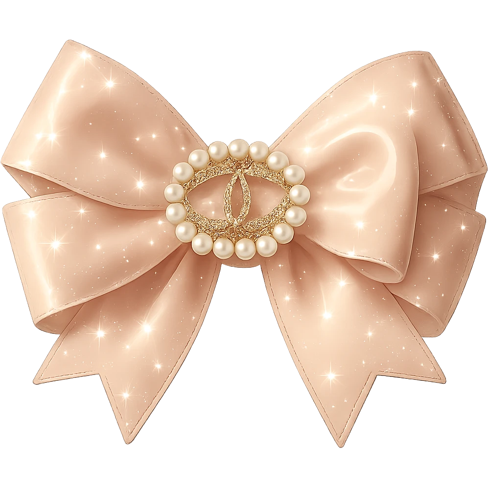 Add sparkling effects to the elegant bow with pearls and gold Chanel logo, glossy, pastel colors, realistic style, with a solid white background. The image should have a clean and solid white background to highlight the sparkling and glossy details with soft pastel colors. emoji