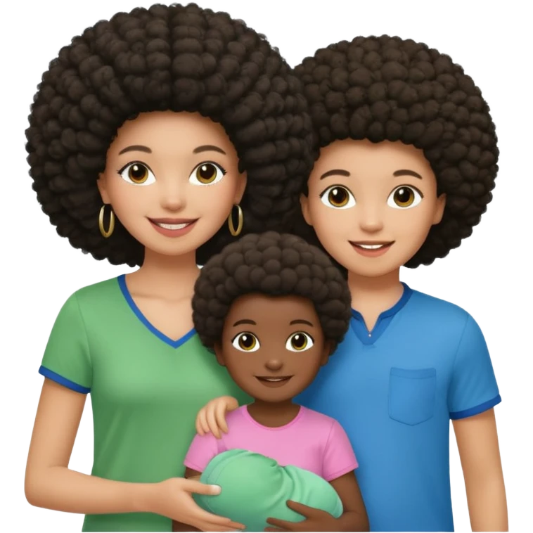 Polaroid photo with a dark woman with an afro hairstyle and a green blouse, two children: a boy with straight hair and a blue shirt, and a baby girl in a pink shirt. All are smiling. emoji