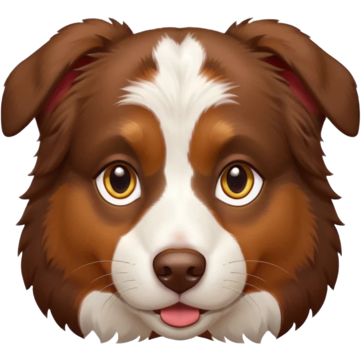 A tri color Australian shepherd with a chocolate brown base coat, red/gold fur on his eyebrows and snout/cheeks, a white chest, and gold eyes. No white fur on his face, only brown and gold. emoji