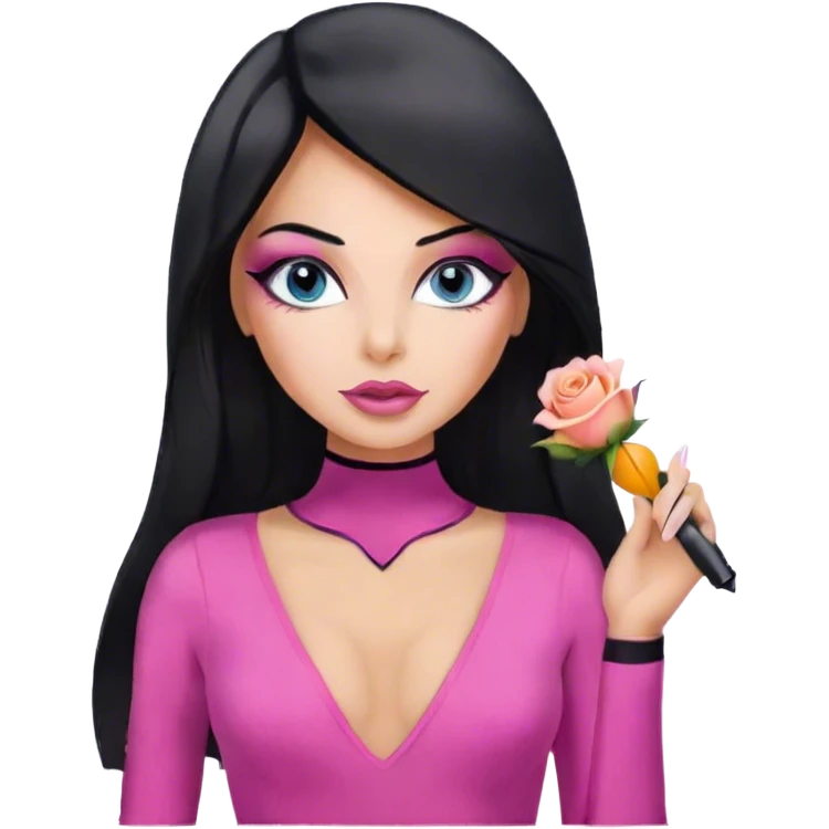 Glamours, tanned, very beautiful girl, with big pump peach-beige-rose lips, eyeliner, long lashes, black straight smooth silky long hair, straight parting hair, blue-grey eyes in pink bodysuit emoji