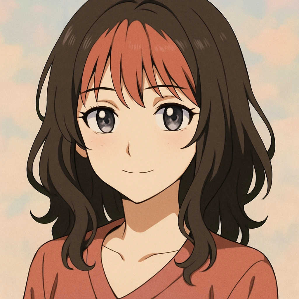 anime style, brunette woman, grey eyes, salmon red bangs, gentle smile, pastel background emoji