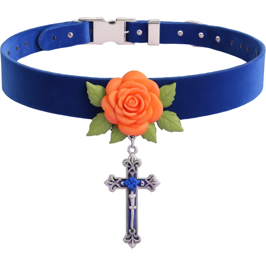 gothic choker with midnight blue velvet band, silver cross pendant, deep blue rose centerpiece, dramatic and gothic emoji