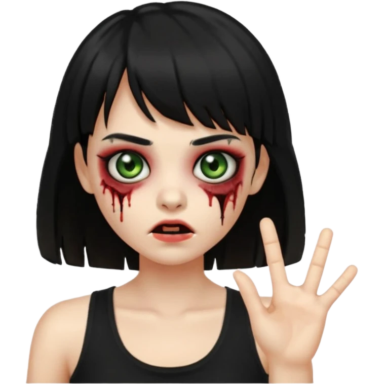 Crie um emoji de zumbi garota do iphone, que tenha o cabelo preto longo, pele levemente esverdeada, de cumprimento no peito, que tenha uma franja no tamanho da sobrancelha, com os olhos escuros e que use uma regata preta emoji