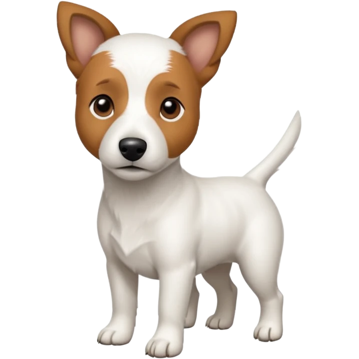 a full body white jack russel looking dog the size of a kelpie with light brown ears and a light brown patch on one eye, flopped down ears and a large snout emoji