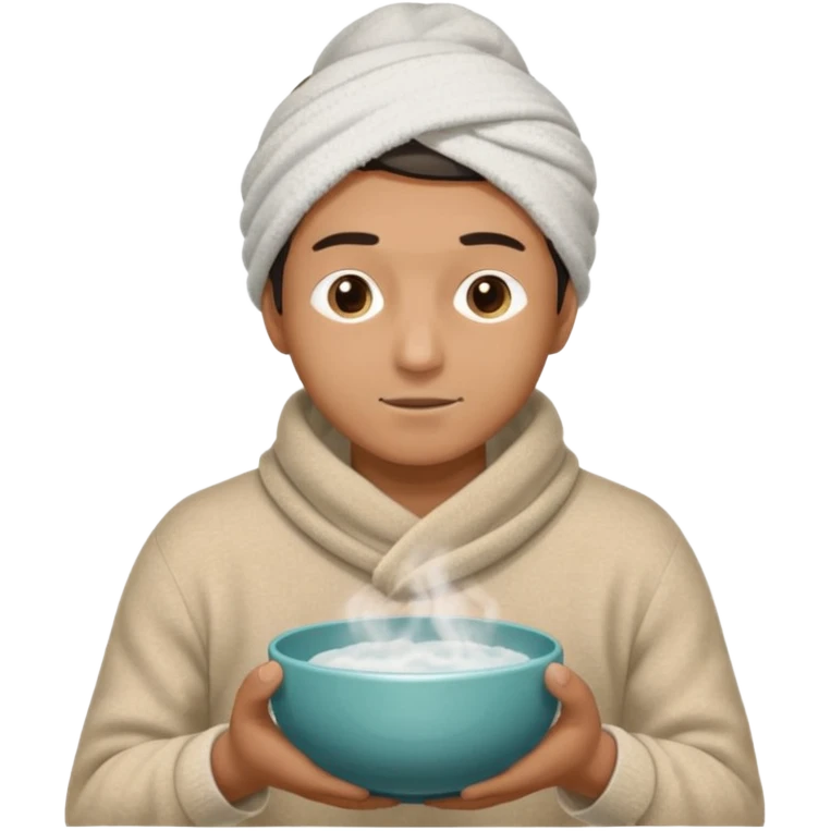 чоловік що дихає парою над мискою в теплій кофті і з полотенцем на голові висить з лівої сторони на праву, двома руками тримаючи миску emoji