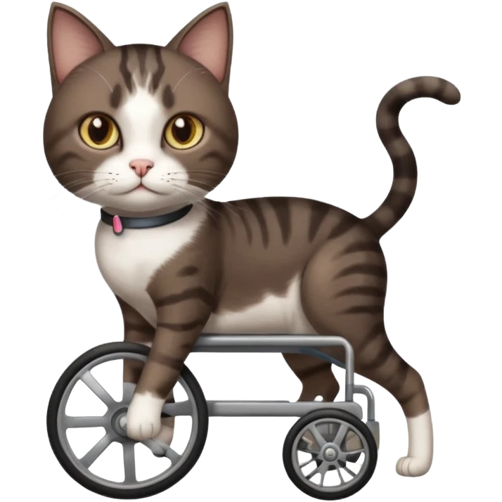 full body small short hair dark brown and white cat with hazel eyes walking in a wheelchair for cats emoji