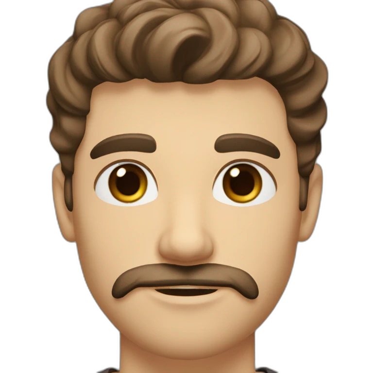 A young Caucasian man with dark brown eyes, almond-shaped eyes, short dark brown hair, and a small dark brown beard with a more prominent mustache. emoji