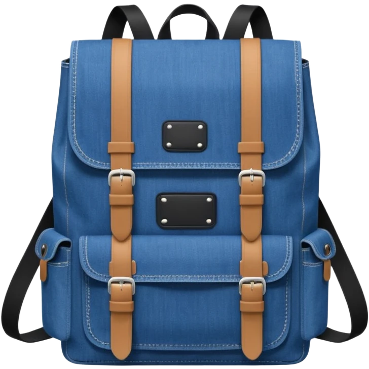 Minimalist emoji-style icon of a stylish blue denim backpack with a flap top, two vertical black buckle straps,and two zipper side pockets. Inspired by Tommy Jeans design. 

 emoji