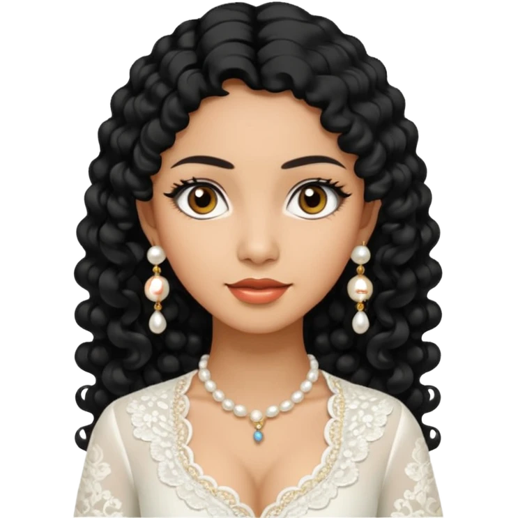 tan skin women, with black long Curly hair, wear white kebaya , and pearl earring emoji