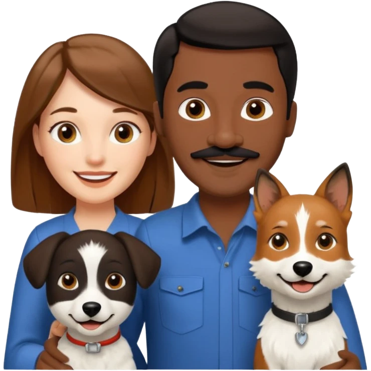 Quiero a una mujer blanca  con el pelo por el hombro lacio castaño  con un hombre de color morochito con el pelo negro y bigote, ambos felices  y un solo perro blanco Fox terrier  emoji
