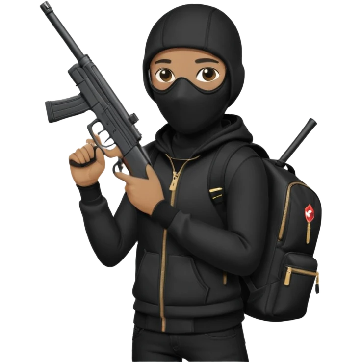 YN wearing a ski mask, holding a gun, all black fit, black jeans, Sprayground bookbag, confident stance emoji