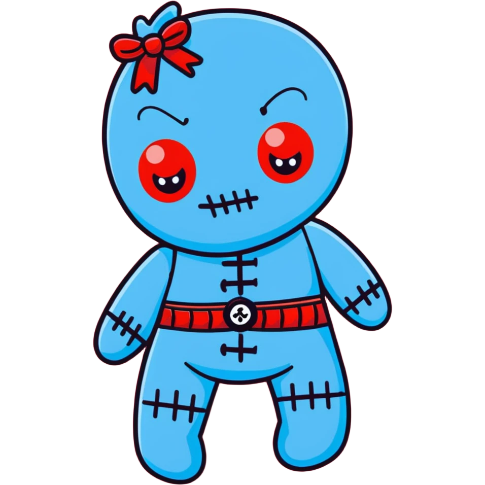 A Carolina blue voodoo doll with red stitching and buttons for eyes, with several pins stuck in it emoji