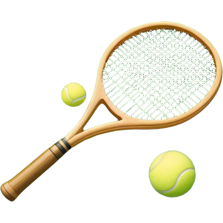 A detailed tennis racket resting on lush green grass beside a bright yellow tennis ball. The scene captures the essence of classic lawn tennis, with a crisp and clean background emphasizing the elegance and tradition of the sport emoji