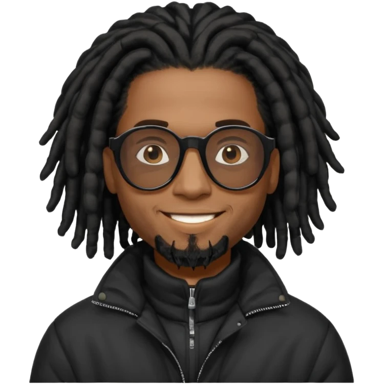 African American man brown skin complexion with black dreadlocks shoulder length wearing black bubble winter coat wearing black sunglasses emoji