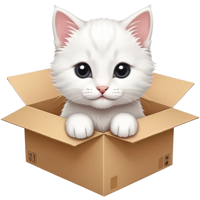  A very cute white young kitten cat with one's head tilted to one side poked its paws out of the cardboard big box and placed them on top of it emoji