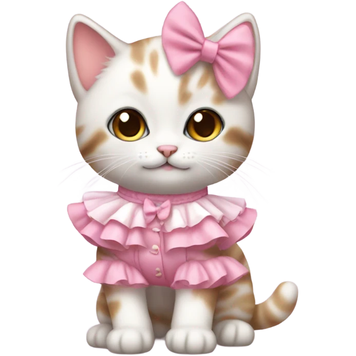 Kitten dressed in cute frilly pink and was white clothes with a bow emoji