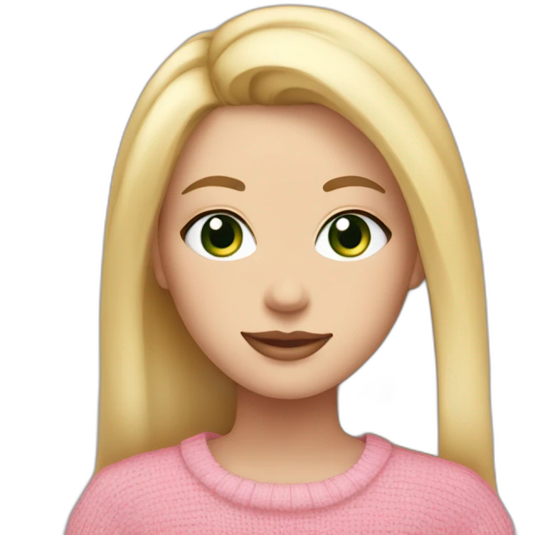 white girl, green eyes, blond staight hair pink lips pink sweater with smiley  emoji