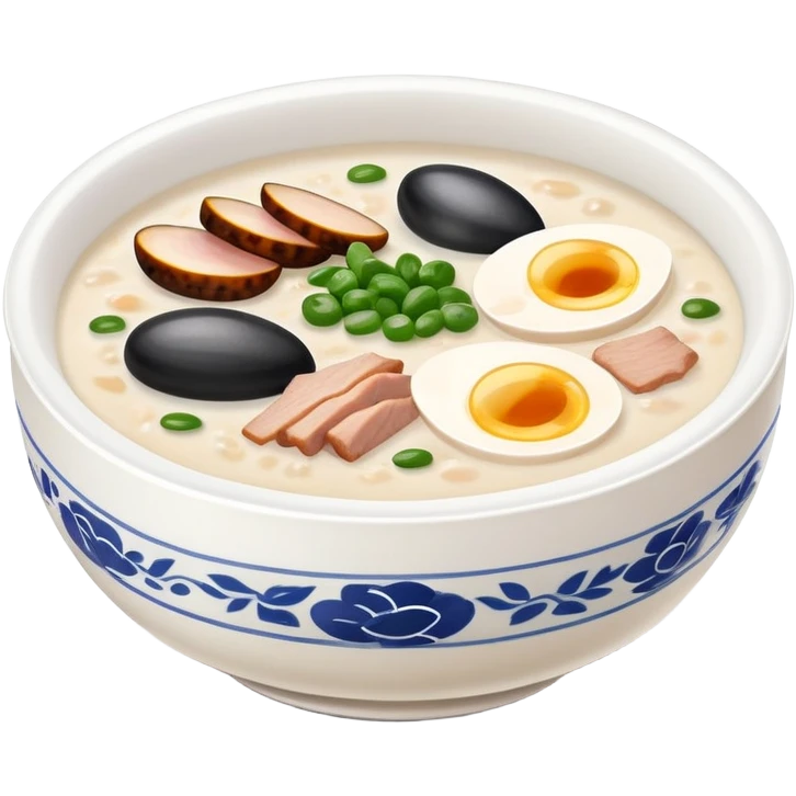 Guangzhou rice porridge congee with century egg and pork, simplified emoji style with bold outlines and bright colors, cartoon style Southern Chinese breakfast bowl emoji