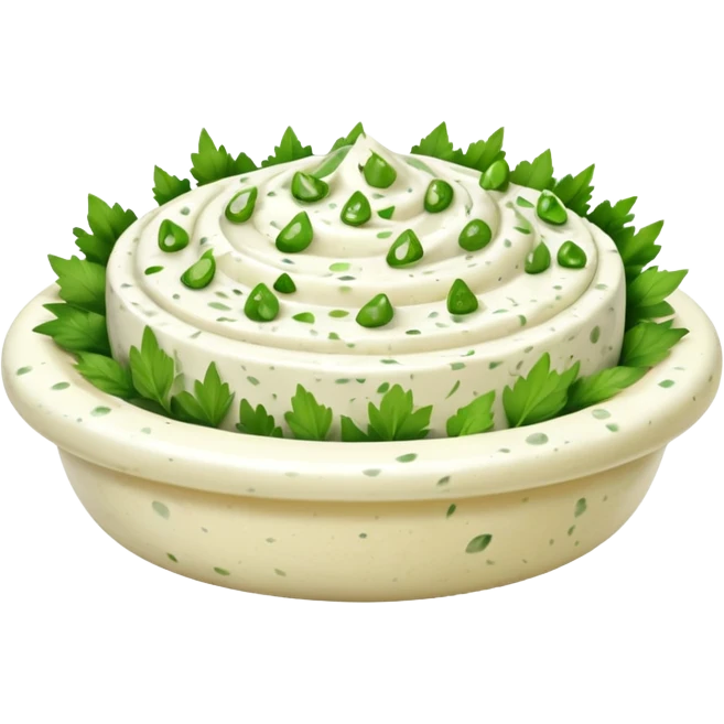 garlic and herb cream cheese thick dollop or swirl white speckled with green herbs and garlic bits smooth glossy visible flecks optional small ramekin no bread vegetables or garnish no faces clean 3D soft shadows transparent background emoji scale emoji